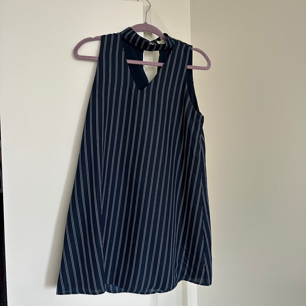 Navy Vertical Stripe Keyhole Sleeveless Dress